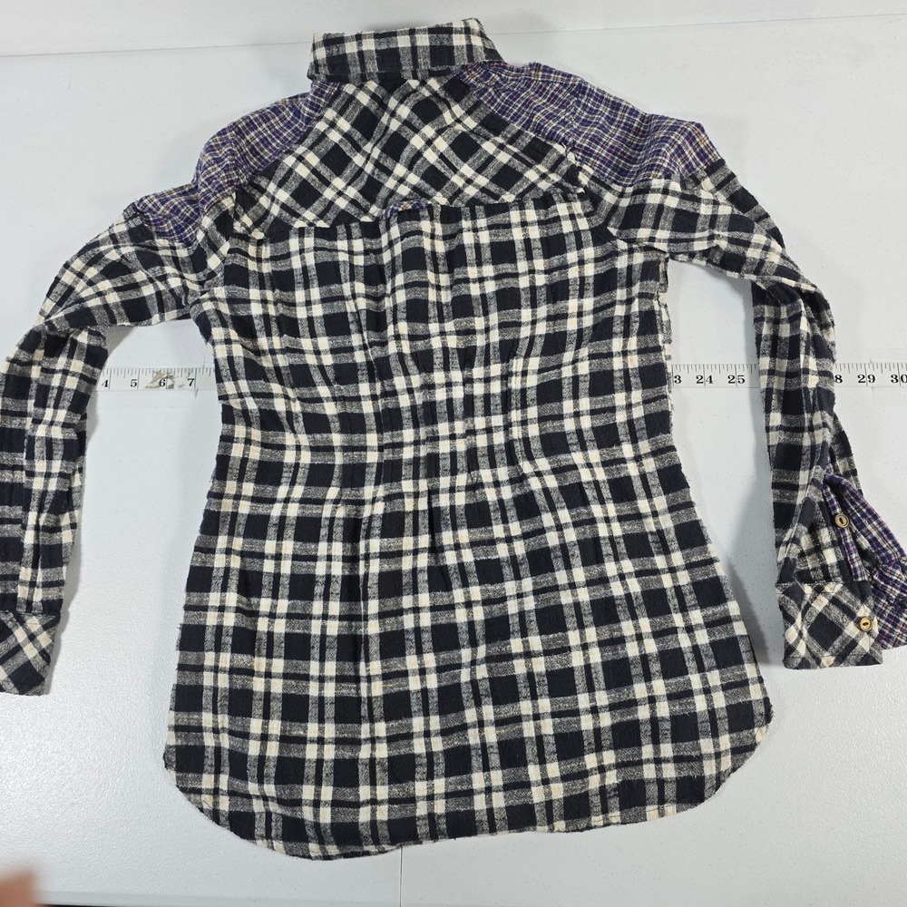 Free People Plaid Button Down Shirt‎ Black Cream Purple XS Long Sleeve Flannel - Picture 2 of 8